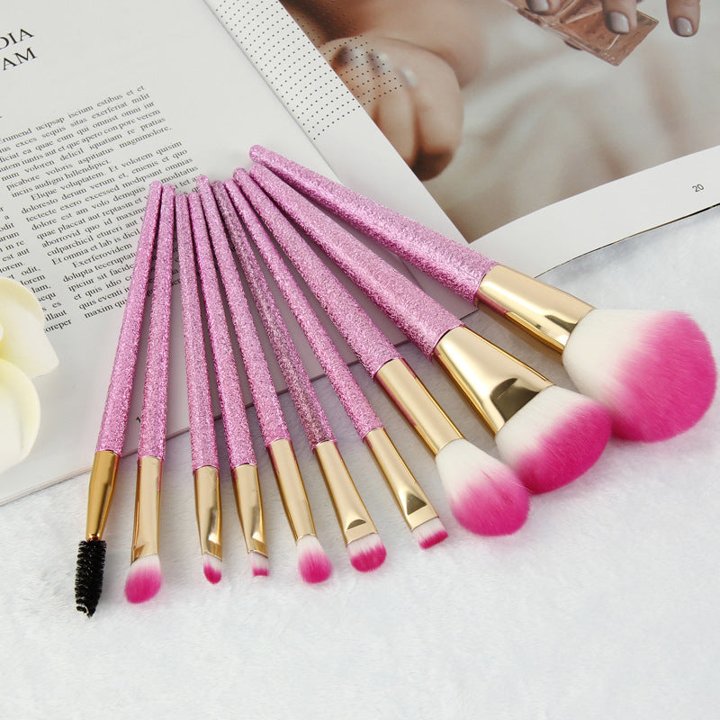 JMT-236810 10-Piece 3D Pink Makeup Brush Set with Galvanized Plastic Handles and Artificial Fibers, 17.5cm Size
