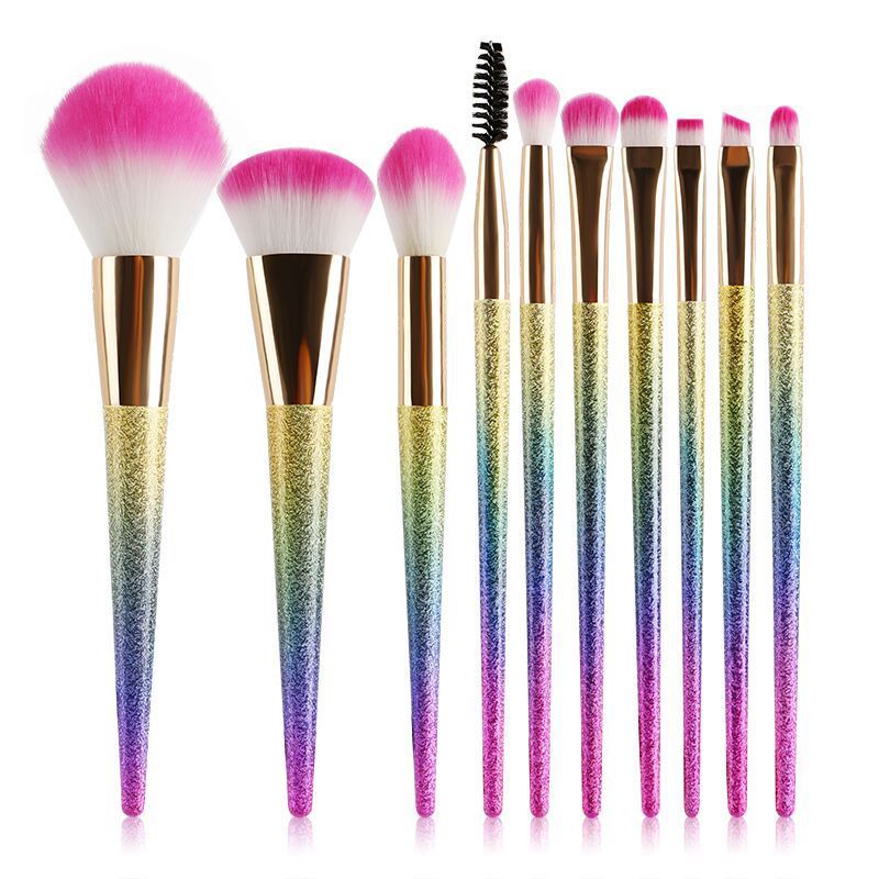 JMT-236810 10-Piece 3D Pink Makeup Brush Set with Galvanized Plastic Handles and Artificial Fibers, 17.5cm Size