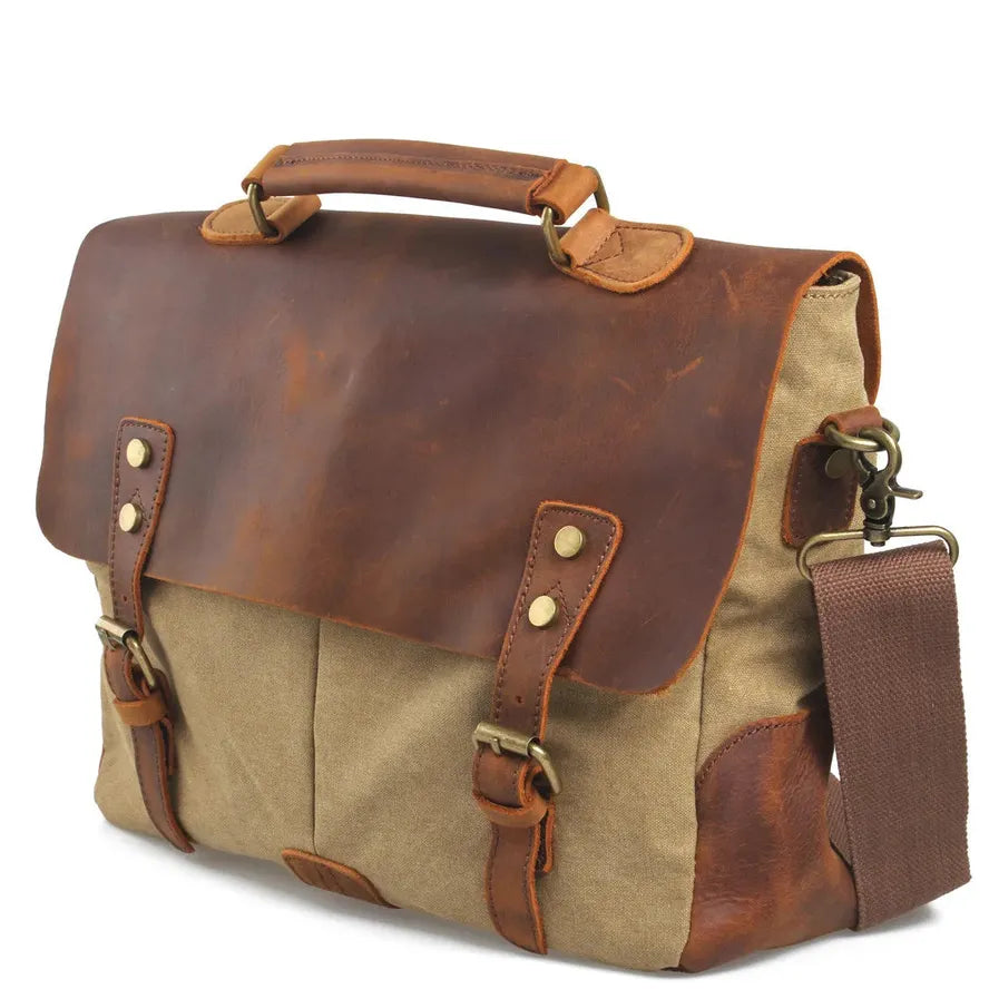 JMT-238922 Retro Canvas Cowhide Crossbody Messenger Bag for Business and Travel with Laptop Compartment