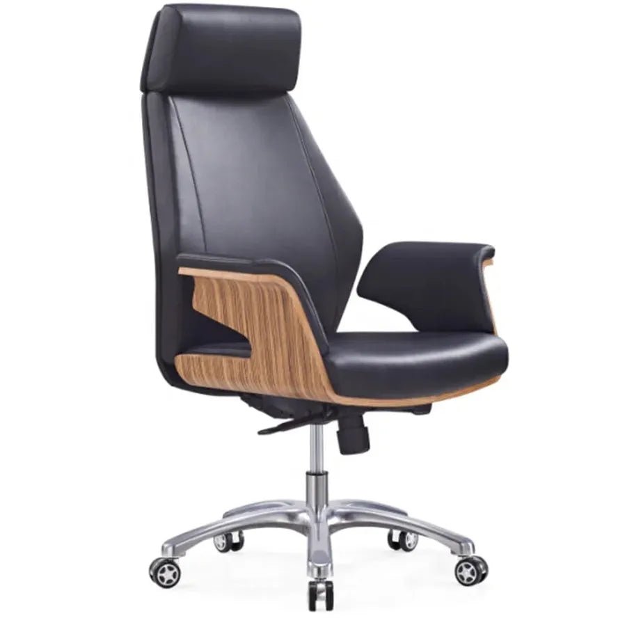 JMT-239434 Antique Style Black Wood Swivel Office Chair with PU Leather Seat and Casters - Model A15-01