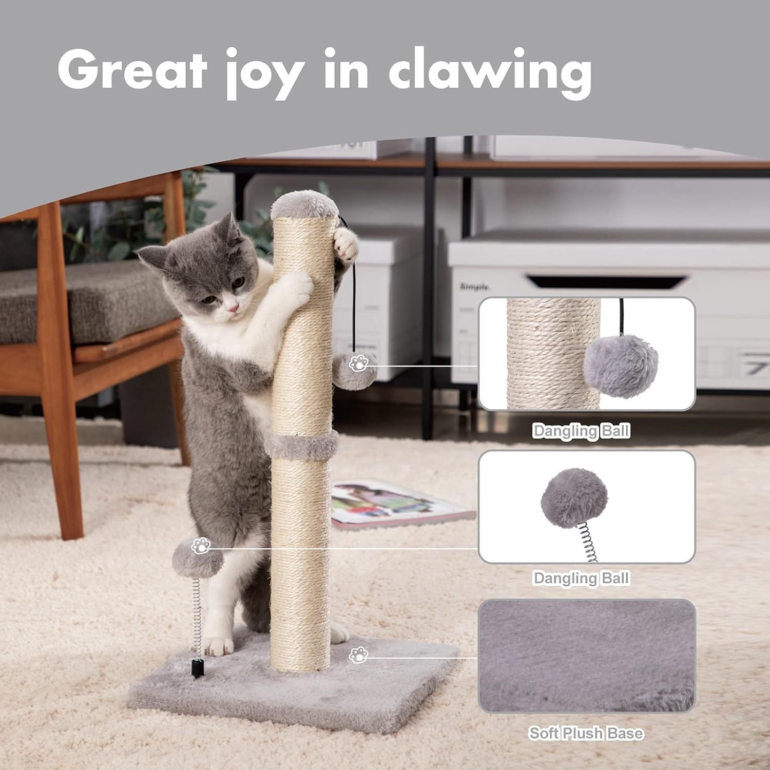 JMT-239498 Premium Sisal Cat Scratching Post with Hanging Ball for Kittens and Small Cats