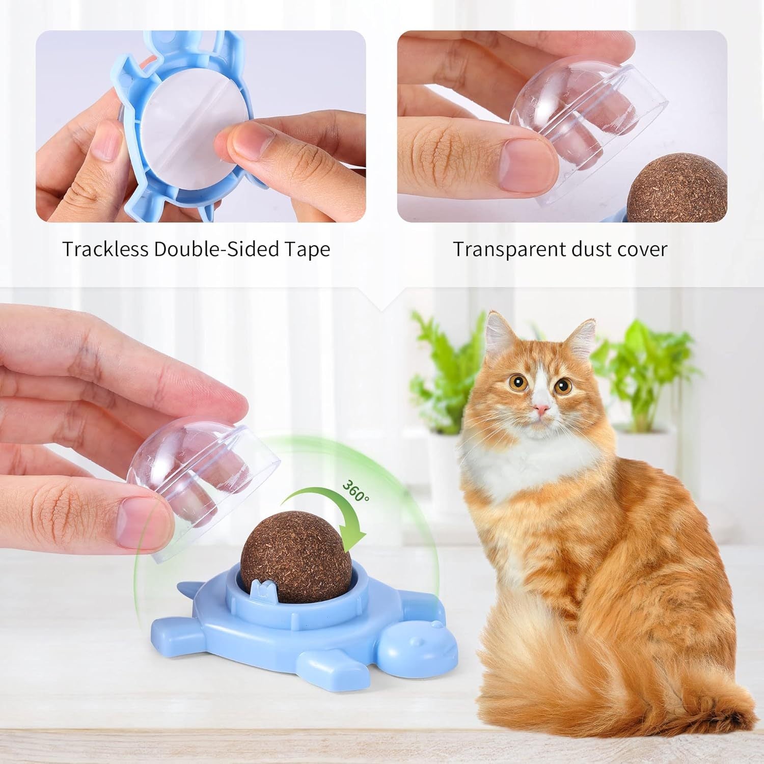 JMT-240650 Organic Silvervine Catnip Ball for Indoor Cats - Edible Cat Toy, 360-Degree Rotating Mint Flavor, Non-Damaging Wall Adhesive