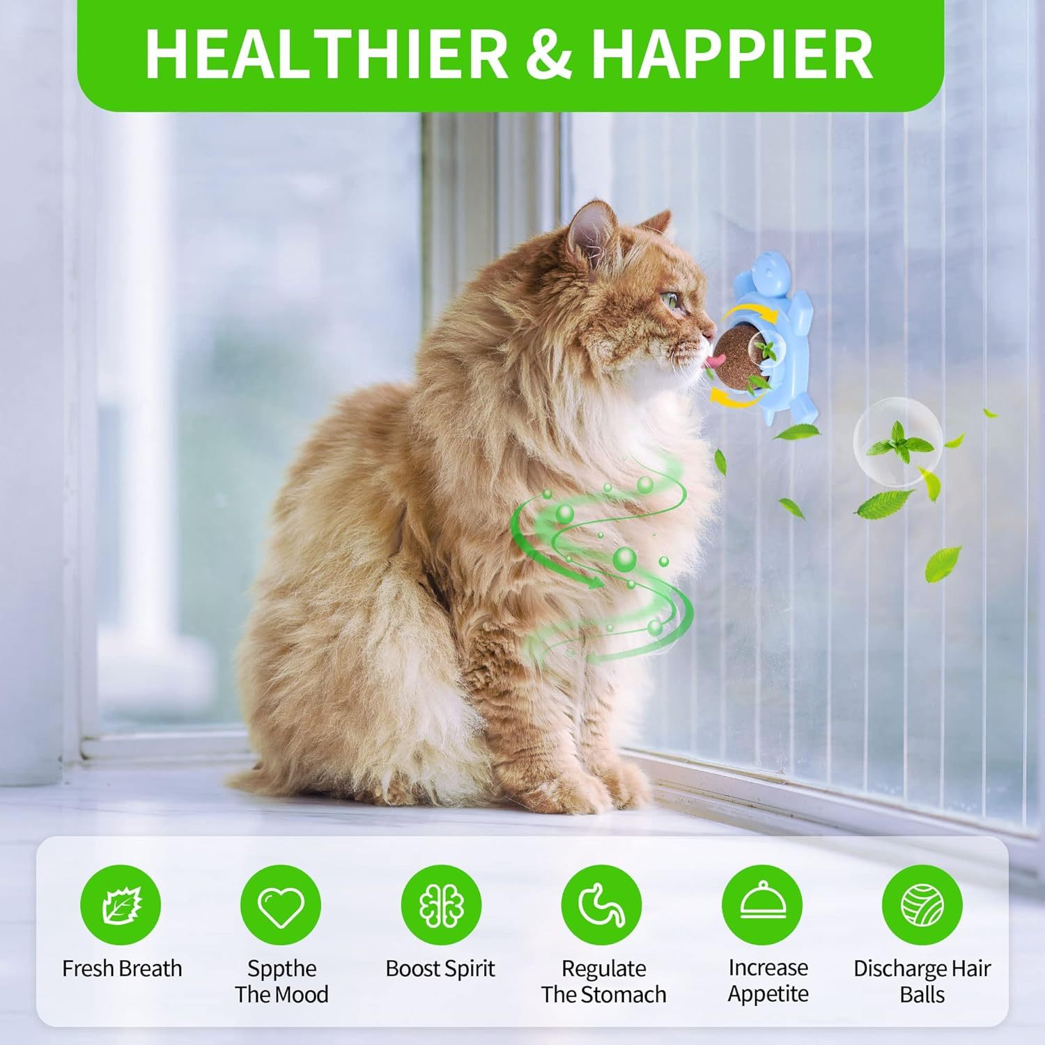 JMT-240650 Organic Silvervine Catnip Ball for Indoor Cats - Edible Cat Toy, 360-Degree Rotating Mint Flavor, Non-Damaging Wall Adhesive