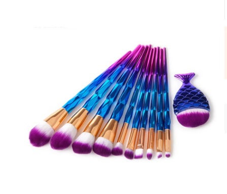JMT-241098 Mermaid and Diamond Makeup Brush Set with 12 Nylon Brushes in Rose Gold and Colorful Designs