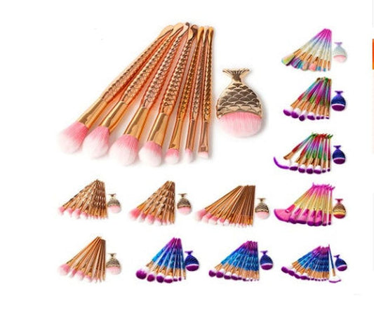 JMT-241098 Mermaid and Diamond Makeup Brush Set with 12 Nylon Brushes in Rose Gold and Colorful Designs
