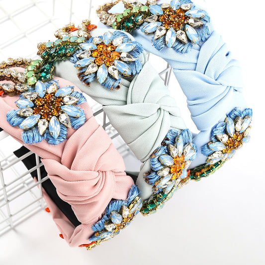 JMT-241354 Floral Diamond-Studded Fabric Headband for Women - Green, Blue, Pink, 5.5cm Wide
