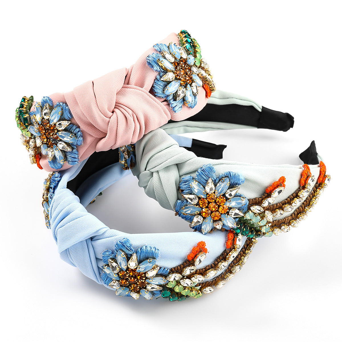 JMT-241354 Floral Diamond-Studded Fabric Headband for Women - Green, Blue, Pink, 5.5cm Wide