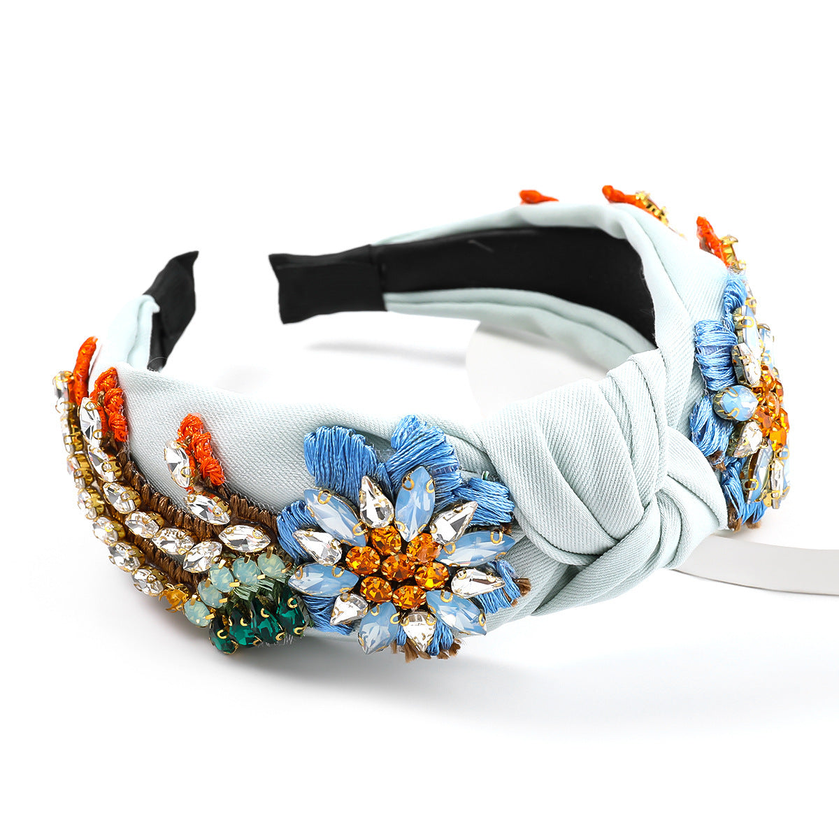 JMT-241354 Floral Diamond-Studded Fabric Headband for Women - Green, Blue, Pink, 5.5cm Wide