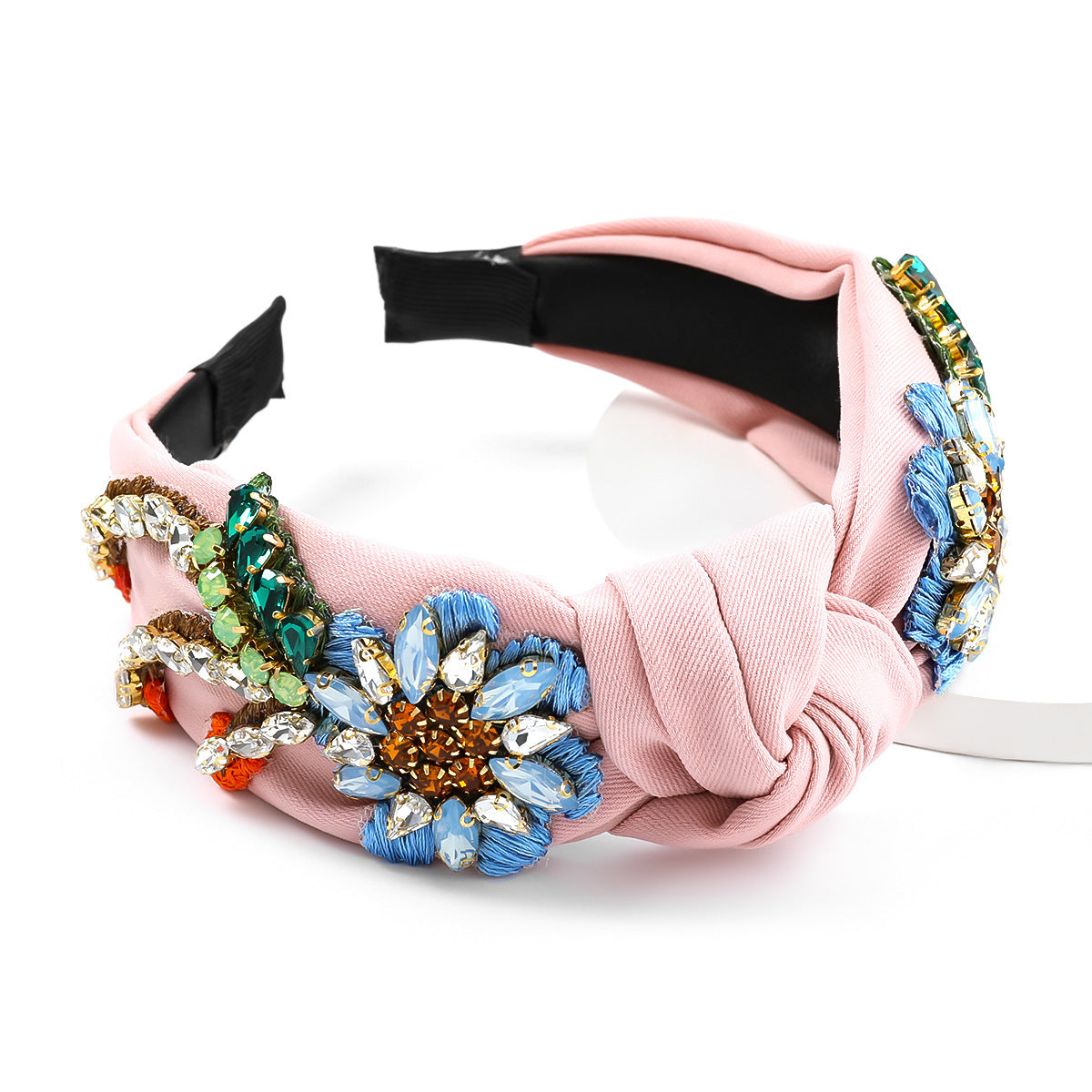 JMT-241354 Floral Diamond-Studded Fabric Headband for Women - Green, Blue, Pink, 5.5cm Wide