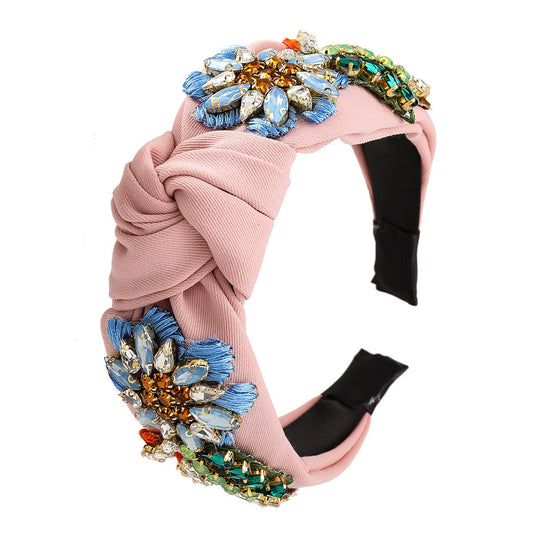 JMT-241354 Floral Diamond-Studded Fabric Headband for Women - Green, Blue, Pink, 5.5cm Wide