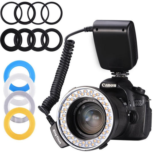 JMT-241354 Ring Flash with LCD Display for Macro Photography - Adjustable Brightness, 8 Adapter Rings, 4 Color Diffusers