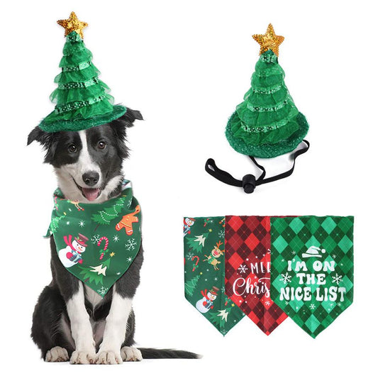 JMT-242442 Pet Christmas Suit with Hat and Triangle Scarf Set - Available in Red Plaid, Green Plaid, and Snowman Designs