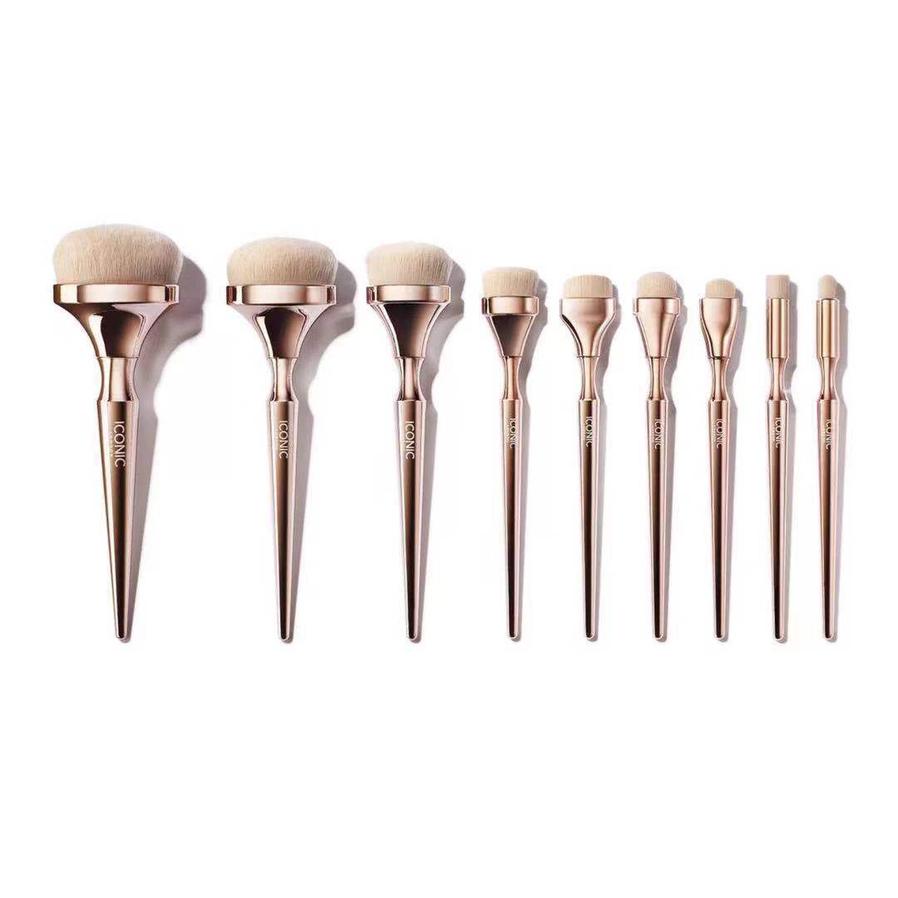 JMT-243402 Golden Makeup Brush Set - 9 Nylon Brushes with Long Plastic Handles, 17.5CM Total Length