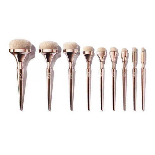 JMT-243402 Golden Makeup Brush Set - 9 Nylon Brushes with Long Plastic Handles, 17.5CM Total Length