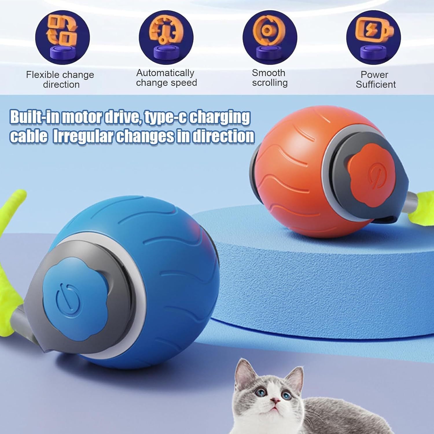 JMT-244426 Interactive Cat Ball Toy with Dual Speed Adjustment & USB Rechargeable Battery for Indoor Play