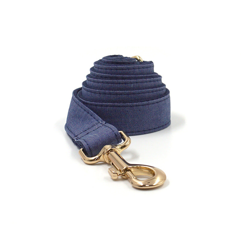 JMT-244618 Denim Bow Tie Pet Collar and Leash Set with Gold Buckle