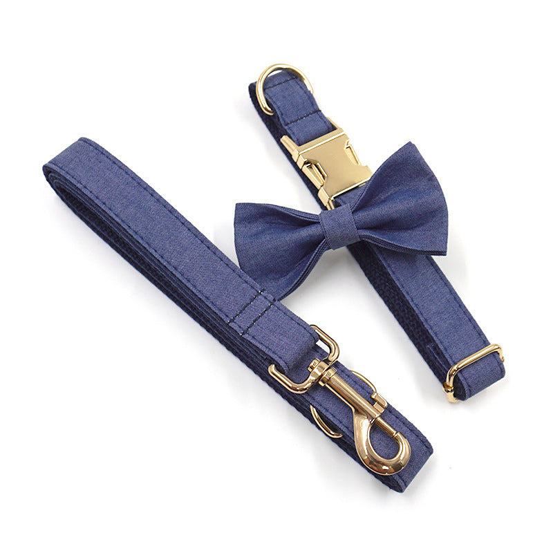 JMT-244618 Denim Bow Tie Pet Collar and Leash Set with Gold Buckle