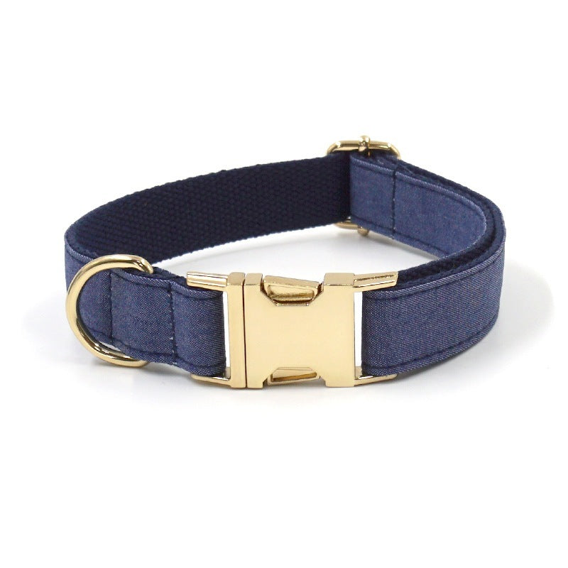 JMT-244618 Denim Bow Tie Pet Collar and Leash Set with Gold Buckle