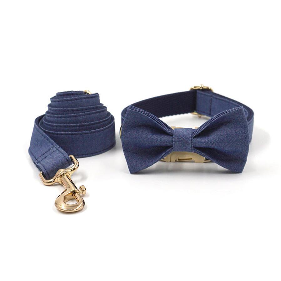 JMT-244618 Denim Bow Tie Pet Collar and Leash Set with Gold Buckle