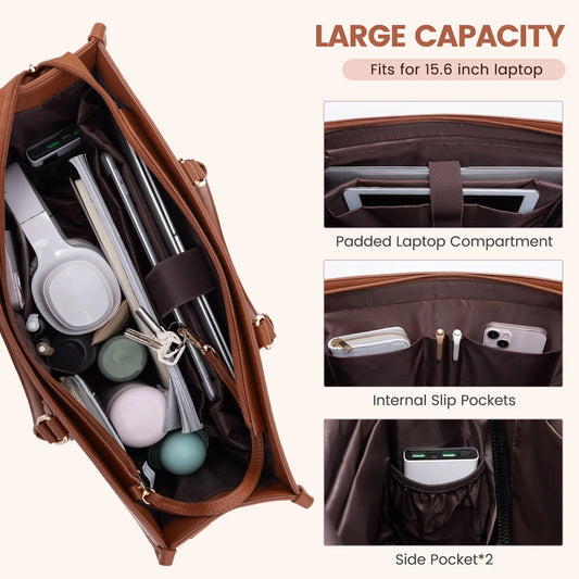 JMT-245002 Functional 15.6 Inch Leather Laptop Tote Bag Set for Women - Waterproof Office Shoulder Handbags