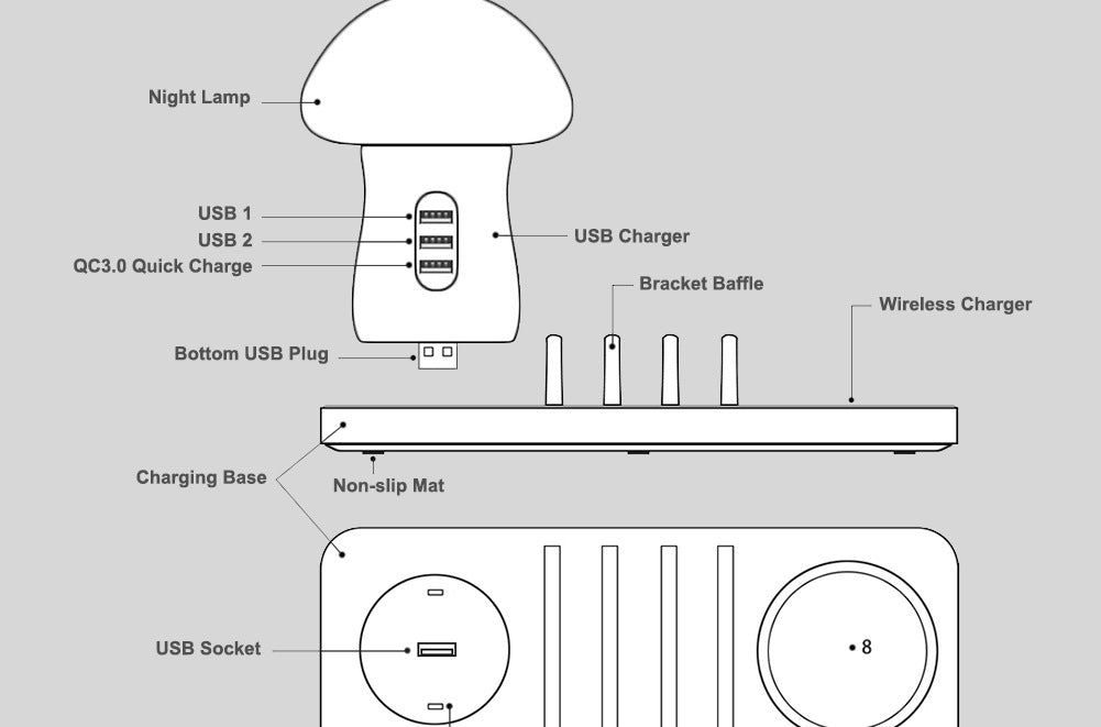 JMT-245962 Multi-Port USB Wireless Charging Desk Lamp with Mobile Phone Holder - Fast Charging 10W