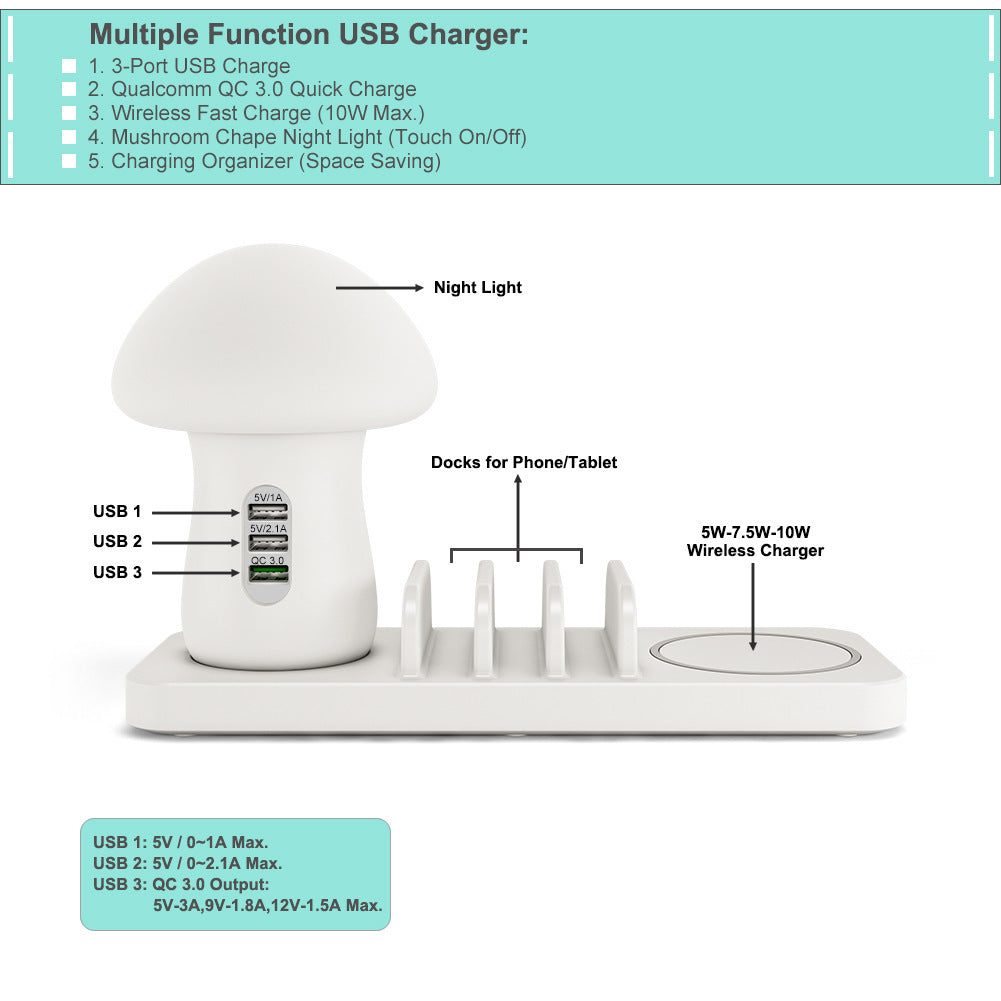 JMT-245962 Multi-Port USB Wireless Charging Desk Lamp with Mobile Phone Holder - Fast Charging 10W