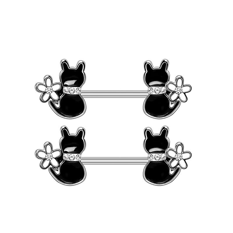 JMT-247114 Cat-Inspired Stainless Steel Nipple Ornaments with Smooth Black Leaves and Diamond Accents
