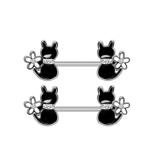 JMT-247114 Cat-Inspired Stainless Steel Nipple Ornaments with Smooth Black Leaves and Diamond Accents