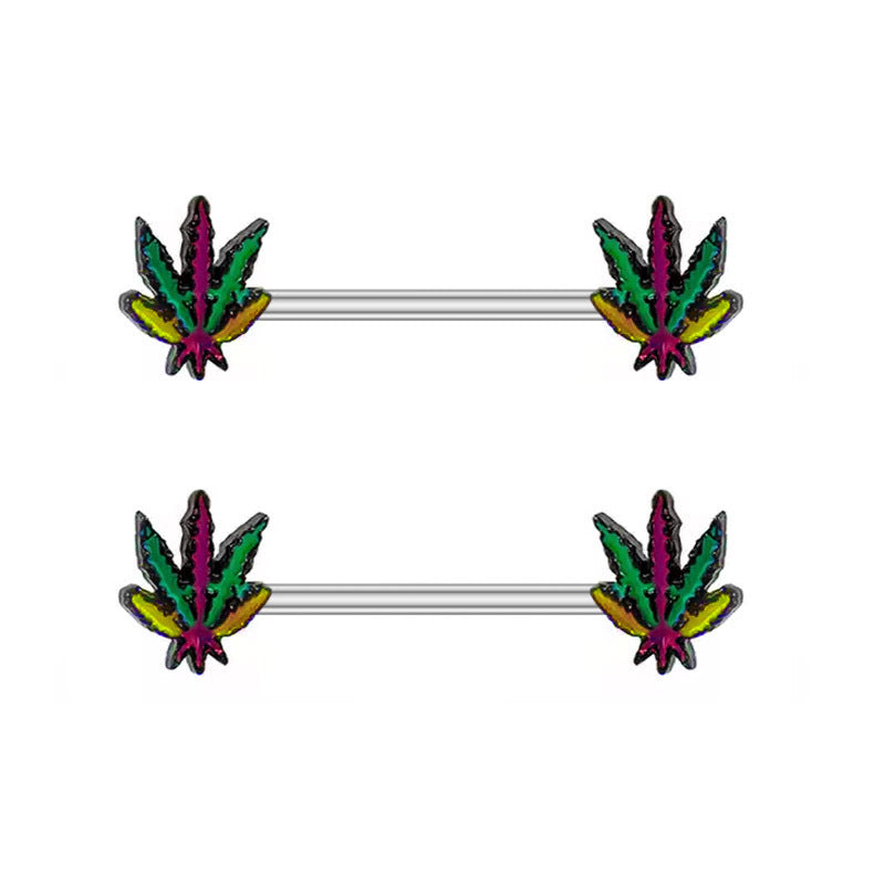 JMT-247114 Cat-Inspired Stainless Steel Nipple Ornaments with Smooth Black Leaves and Diamond Accents