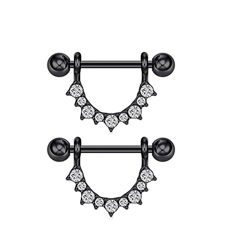 JMT-247114 Cat-Inspired Stainless Steel Nipple Ornaments with Smooth Black Leaves and Diamond Accents