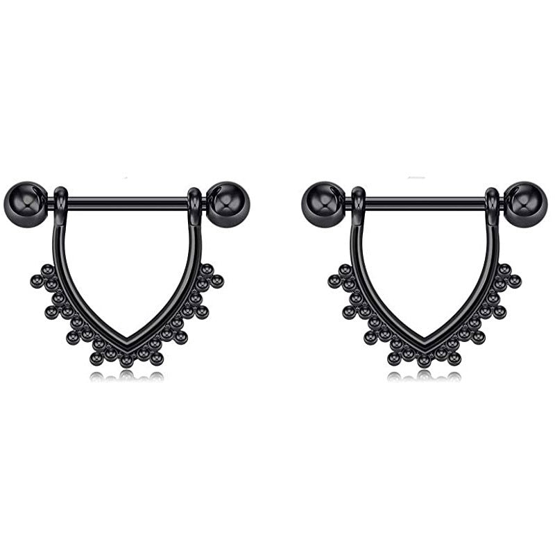 JMT-247114 Cat-Inspired Stainless Steel Nipple Ornaments with Smooth Black Leaves and Diamond Accents