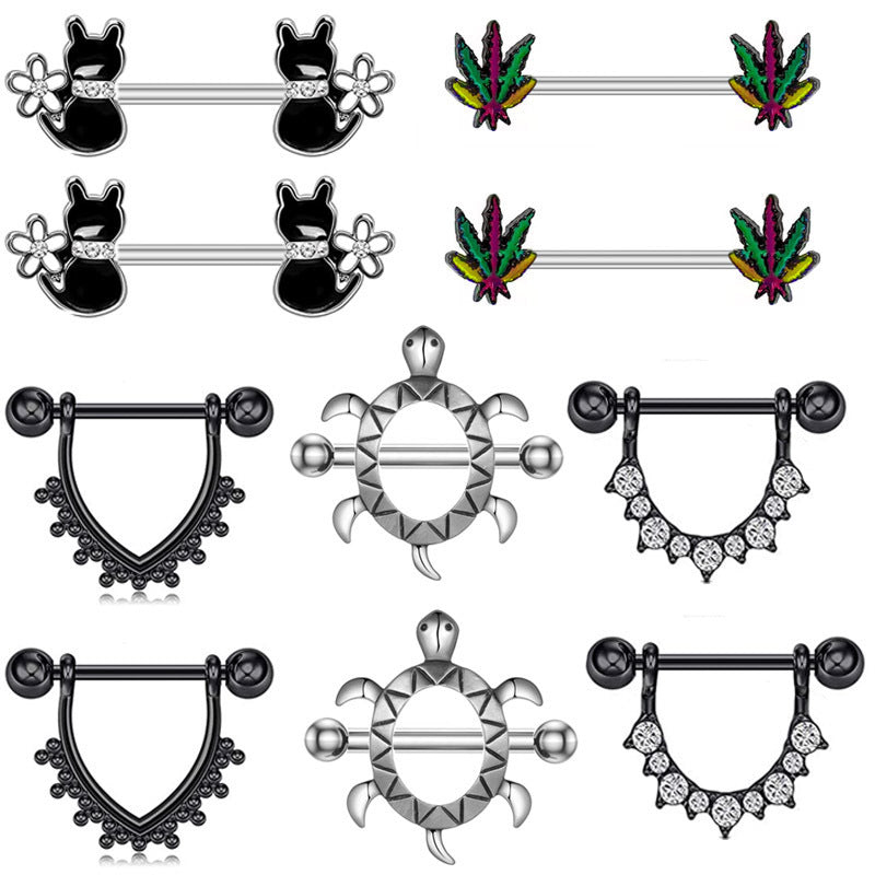 JMT-247114 Cat-Inspired Stainless Steel Nipple Ornaments with Smooth Black Leaves and Diamond Accents