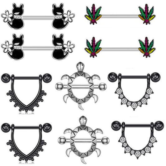 JMT-247114 Cat-Inspired Stainless Steel Nipple Ornaments with Smooth Black Leaves and Diamond Accents