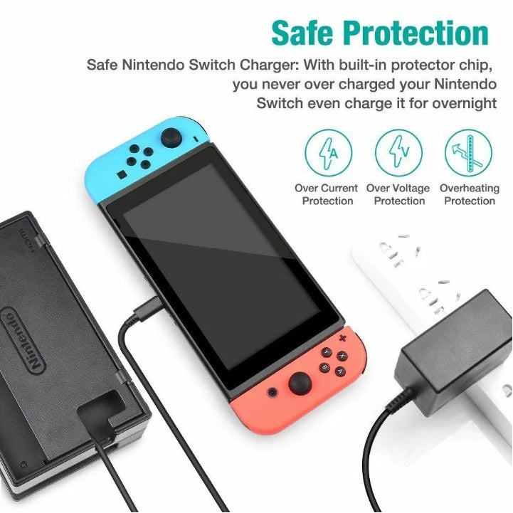 JMT-247754 AC Power Supply Adapter for Nintendo Switch - 5ft USB-C Charger with 2.4A Output, Worldwide Compatibility