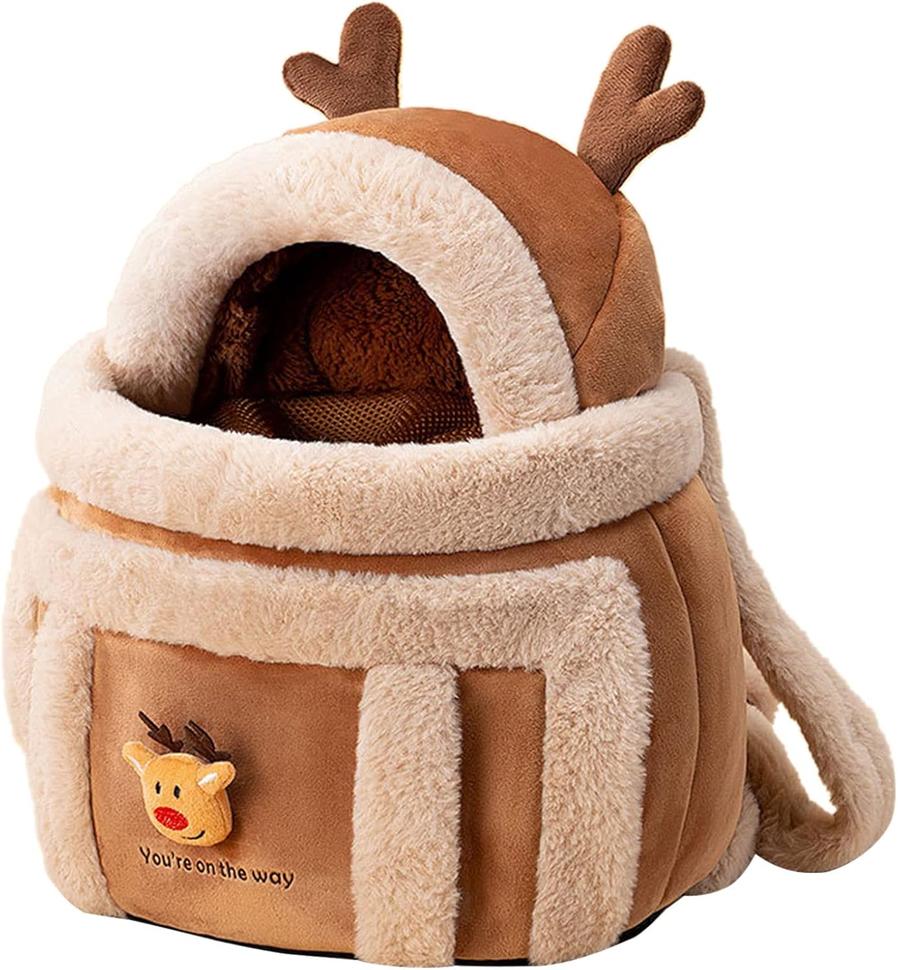 JMT-248074 Cozy Pet Carrier Backpack with Hand Warmers and Plush Reindeer Design for Winter Travel
