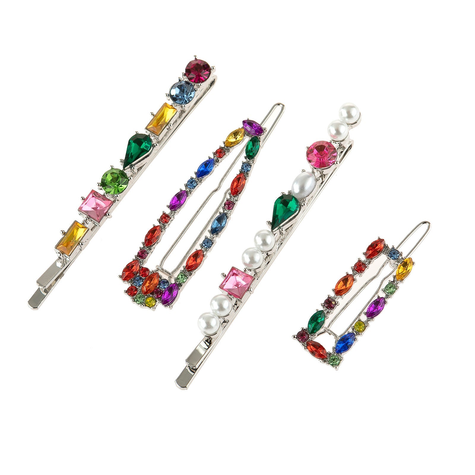 JMT-248266 Alloy Geometric Hair Clip Set - 4-Piece with Pearl Accents in Gold and Silver