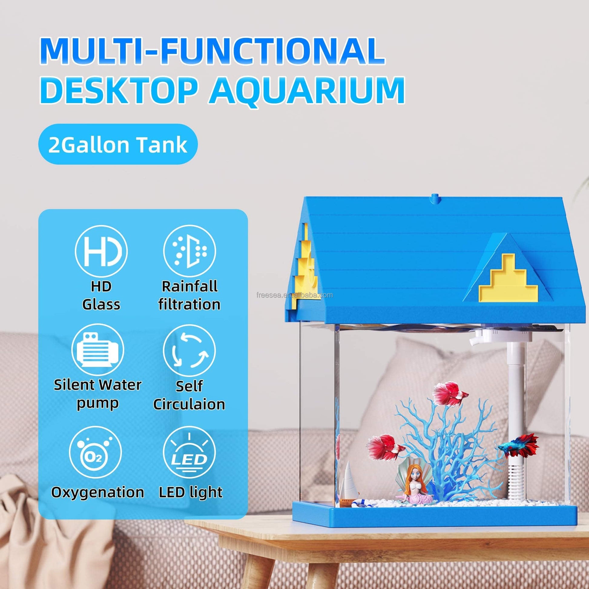JMT-248906 2-Gallon Acrylic Fish Tank with Filtration and Lighting for Shrimp, Jellyfish, and Goldfish