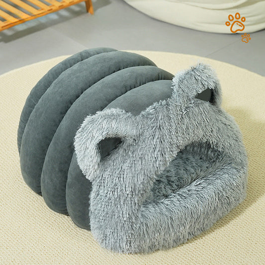 JMT-250186 Plush Cat and Dog Bed with Cat Ears, Thick Warm Design for Kittens and Puppies