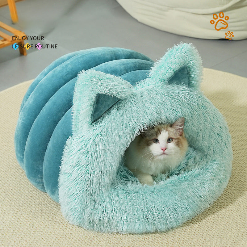 JMT-250186 Plush Cat and Dog Bed with Cat Ears, Thick Warm Design for Kittens and Puppies