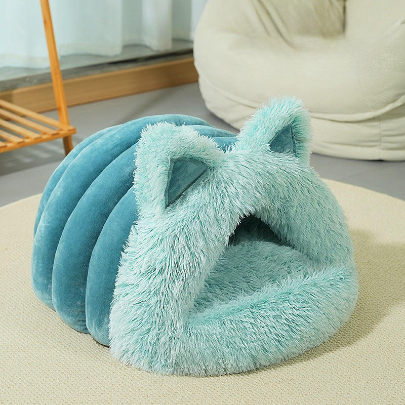 JMT-250186 Plush Cat and Dog Bed with Cat Ears, Thick Warm Design for Kittens and Puppies