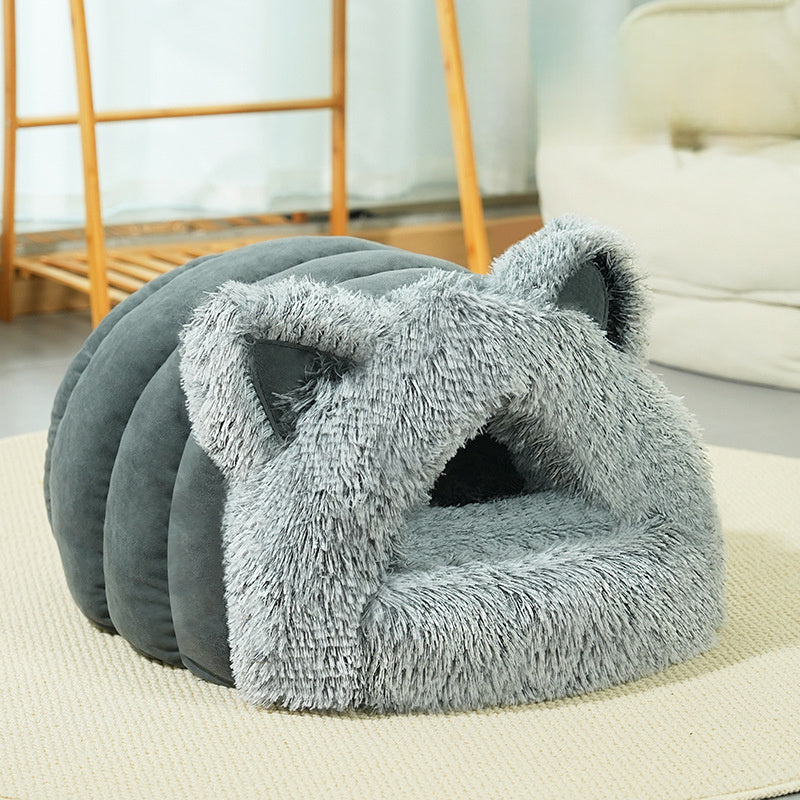 JMT-250186 Plush Cat and Dog Bed with Cat Ears, Thick Warm Design for Kittens and Puppies