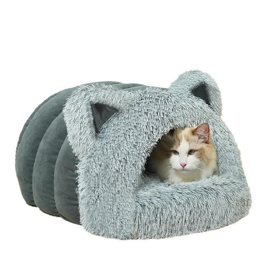 JMT-250186 Plush Cat and Dog Bed with Cat Ears, Thick Warm Design for Kittens and Puppies