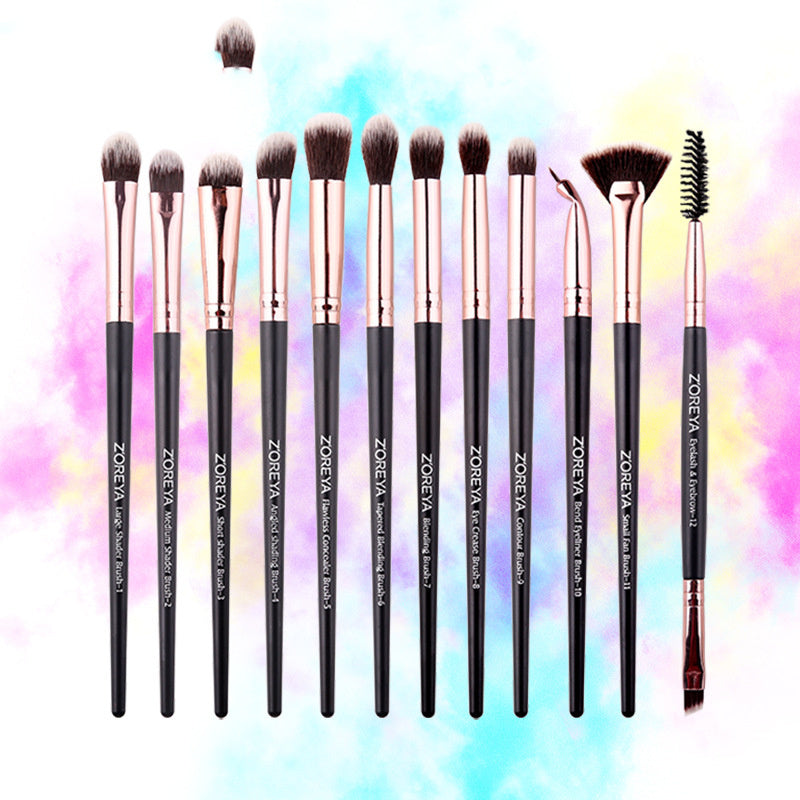 JMT-251466 12-Piece Makeup Brush Set with Wooden Handles for Concealer and Eyeshadow Application