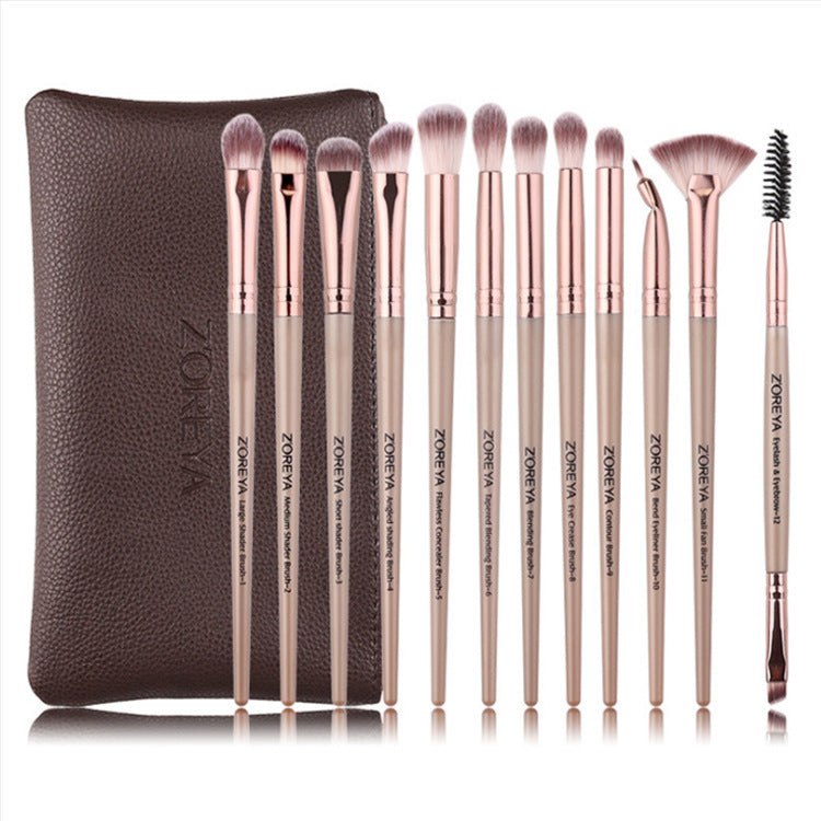 JMT-251466 12-Piece Makeup Brush Set with Wooden Handles for Concealer and Eyeshadow Application