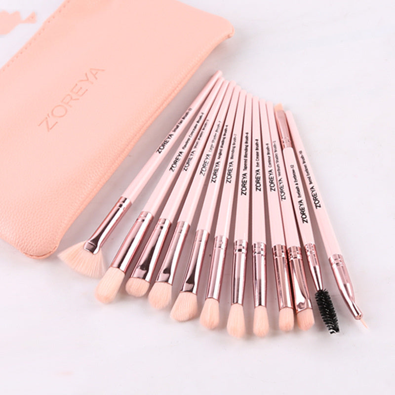 JMT-251466 12-Piece Makeup Brush Set with Wooden Handles for Concealer and Eyeshadow Application