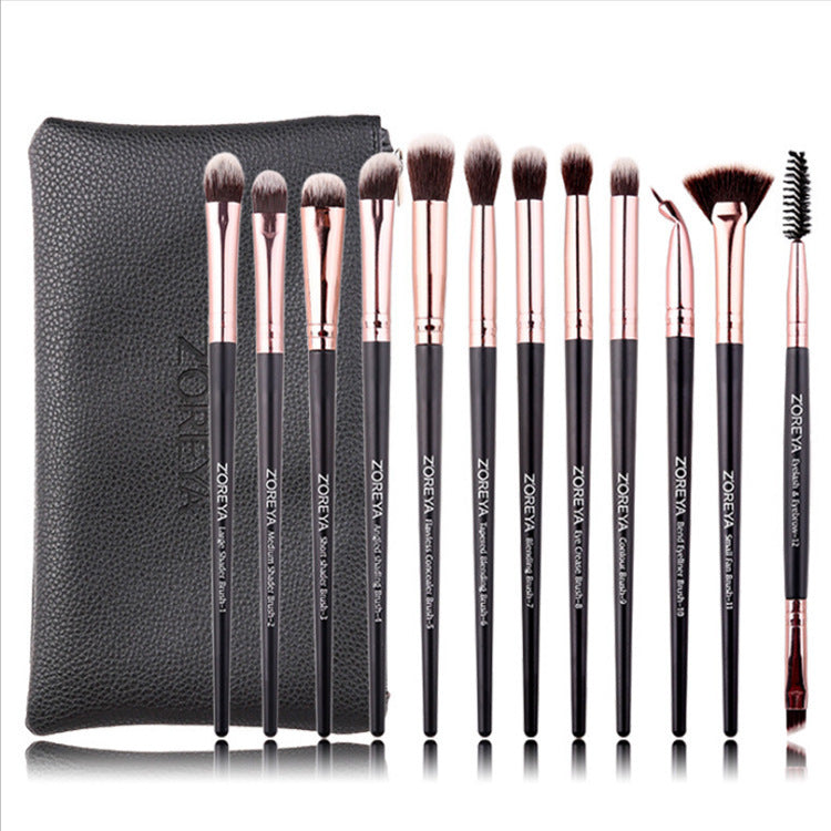 JMT-251466 12-Piece Makeup Brush Set with Wooden Handles for Concealer and Eyeshadow Application