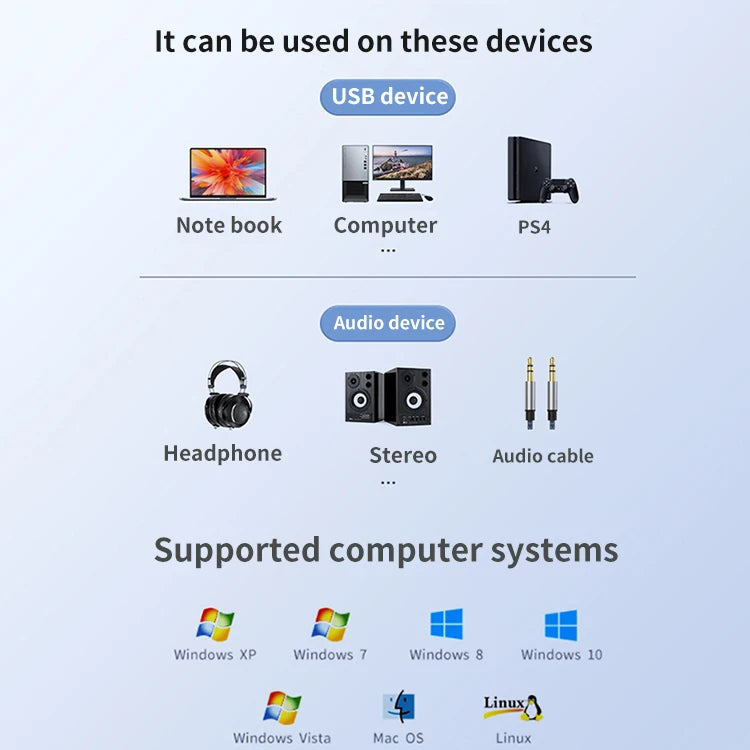 JMT-251850 USB to 3.5mm Audio Jack Adapter for Headsets and PCs, Compatible with Linux and PS4