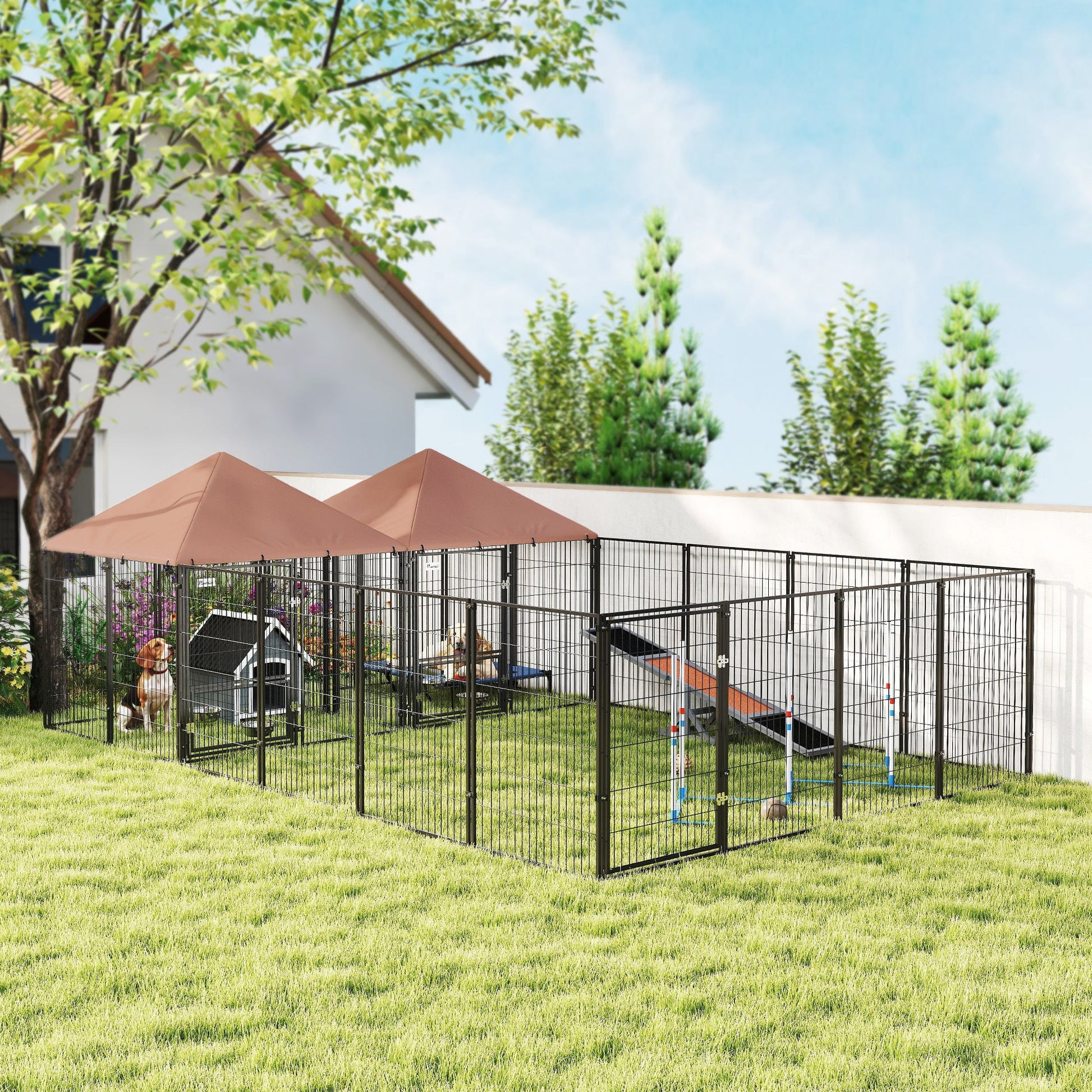 JMT-252042 Large Outdoor Dog Kennel with Two Rooms, Adjustable Height Bowls, and Durable PVC-Coated Fabric