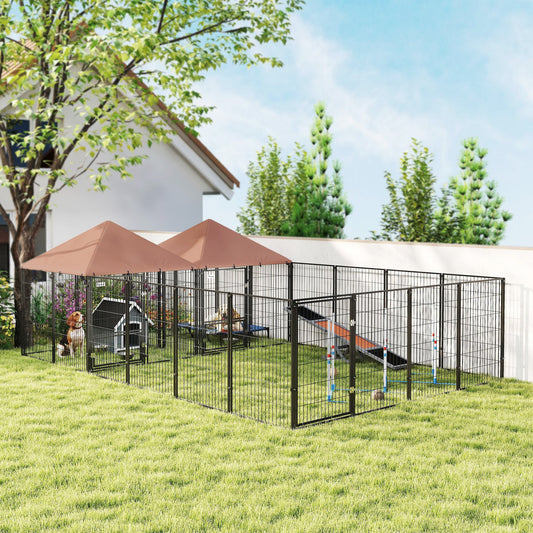 JMT-252042 Large Outdoor Dog Kennel with Two Rooms, Adjustable Height Bowls, and Durable PVC-Coated Fabric