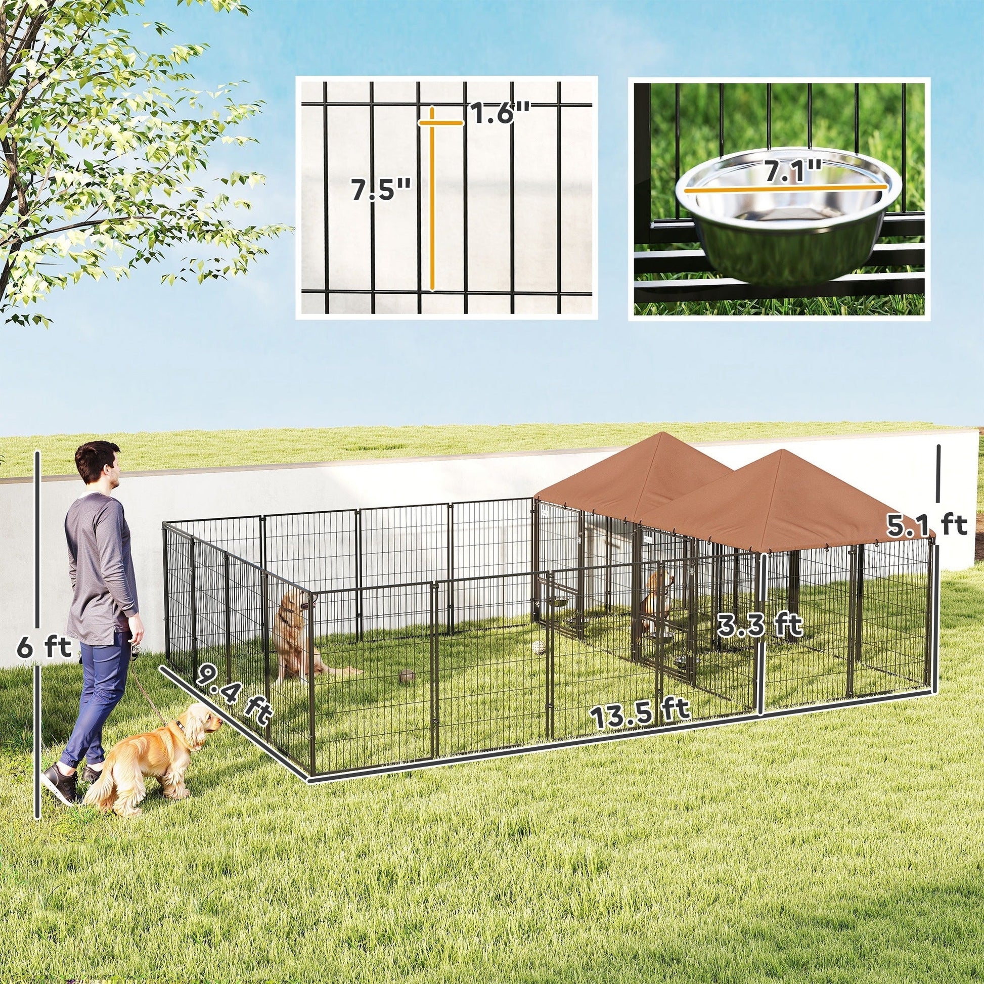 JMT-252042 Large Outdoor Dog Kennel with Two Rooms, Adjustable Height Bowls, and Durable PVC-Coated Fabric